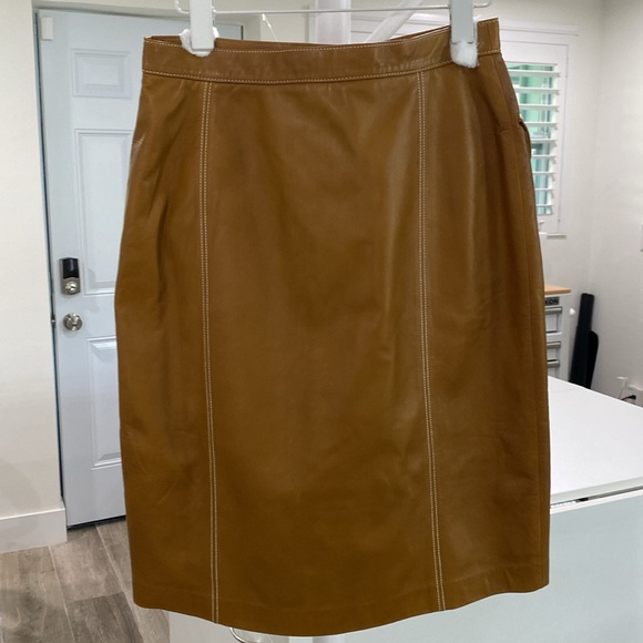 Linda Allard Ellen Tracy cognac brown lamb leather pencil skirt w patch pockets - Picture 6 of 13